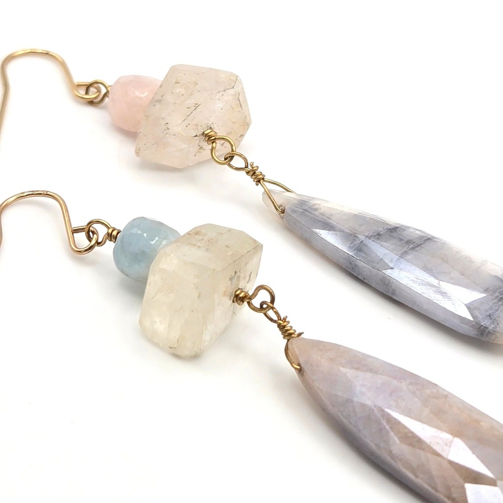 14K Gold Filled Mixed Gemstone Drop Earrings Labradorite Aquamarine Rose Quartz‎